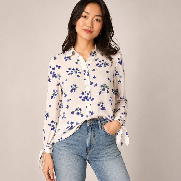 Maeve Tops - Anthropologie Maeve Blithe Blueberry Tie Sleeve Button Front Blouse White Blue 0